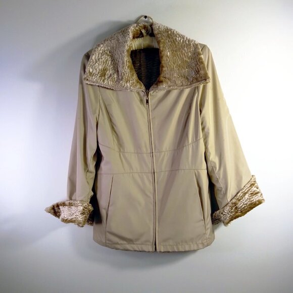 Vintage Glam Golden Champagne Faux Fur Persian Lamb Reversible Rain Jacket SzPS - Picture 7 of 13